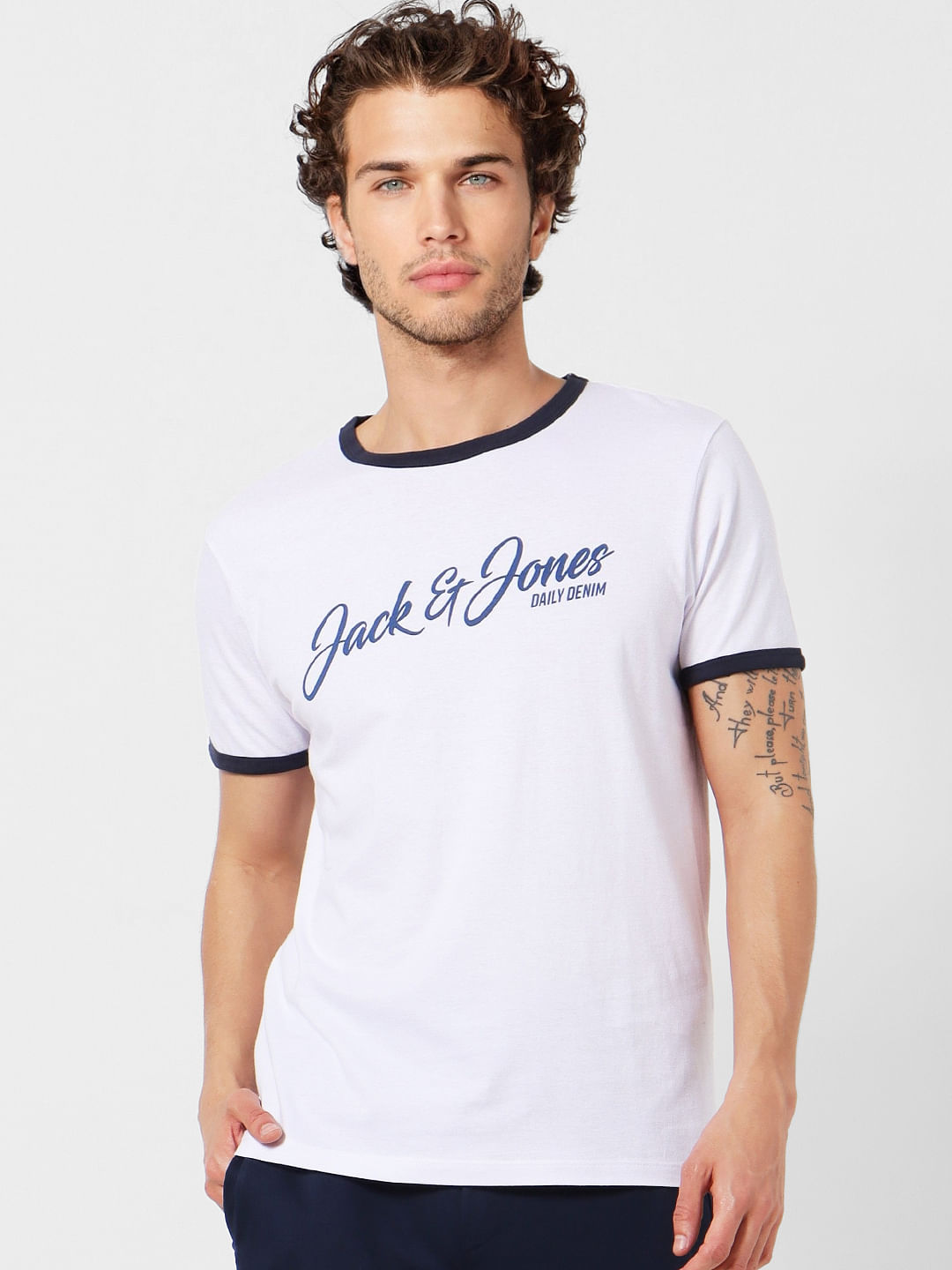 White Logo Print Contrast Tipping Crew Neck T-shirt