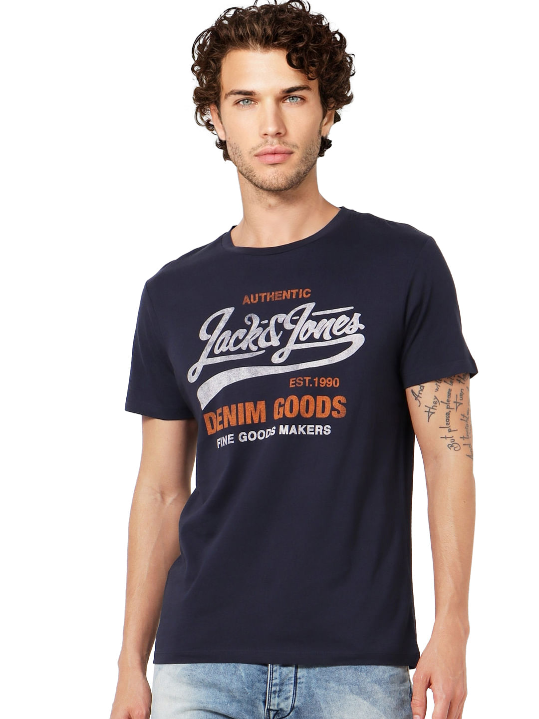 Navy Blue Logo Print Crew Neck T-shirt