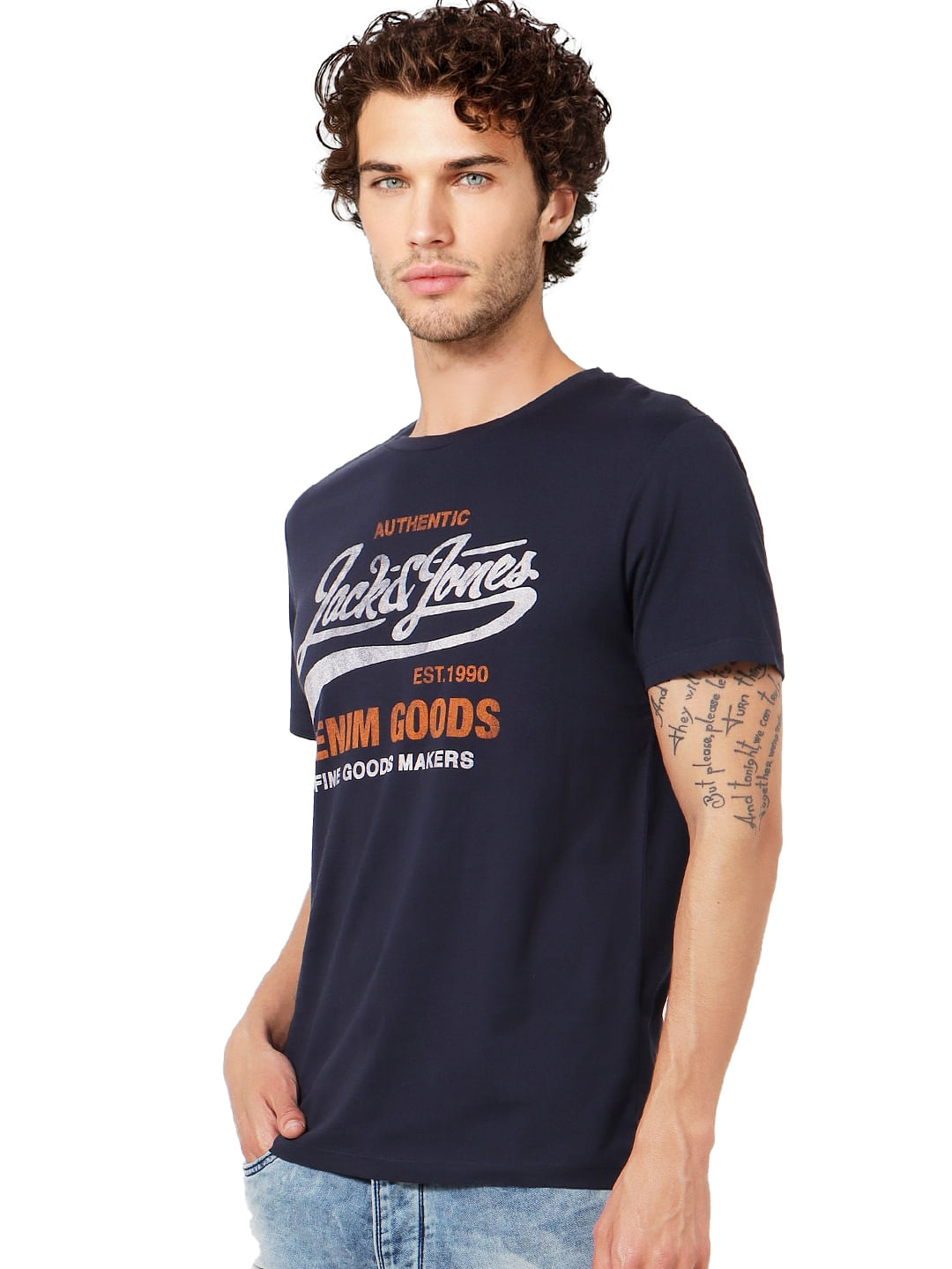Navy Blue Logo Print Crew Neck T-shirt