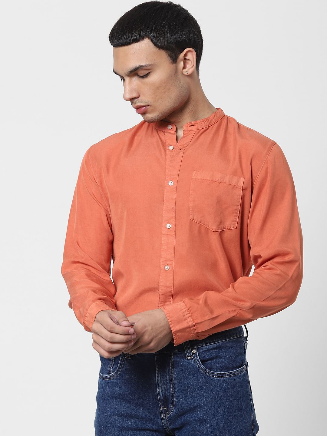 Orange Mandarin Collar Full Sleeves Shirt
