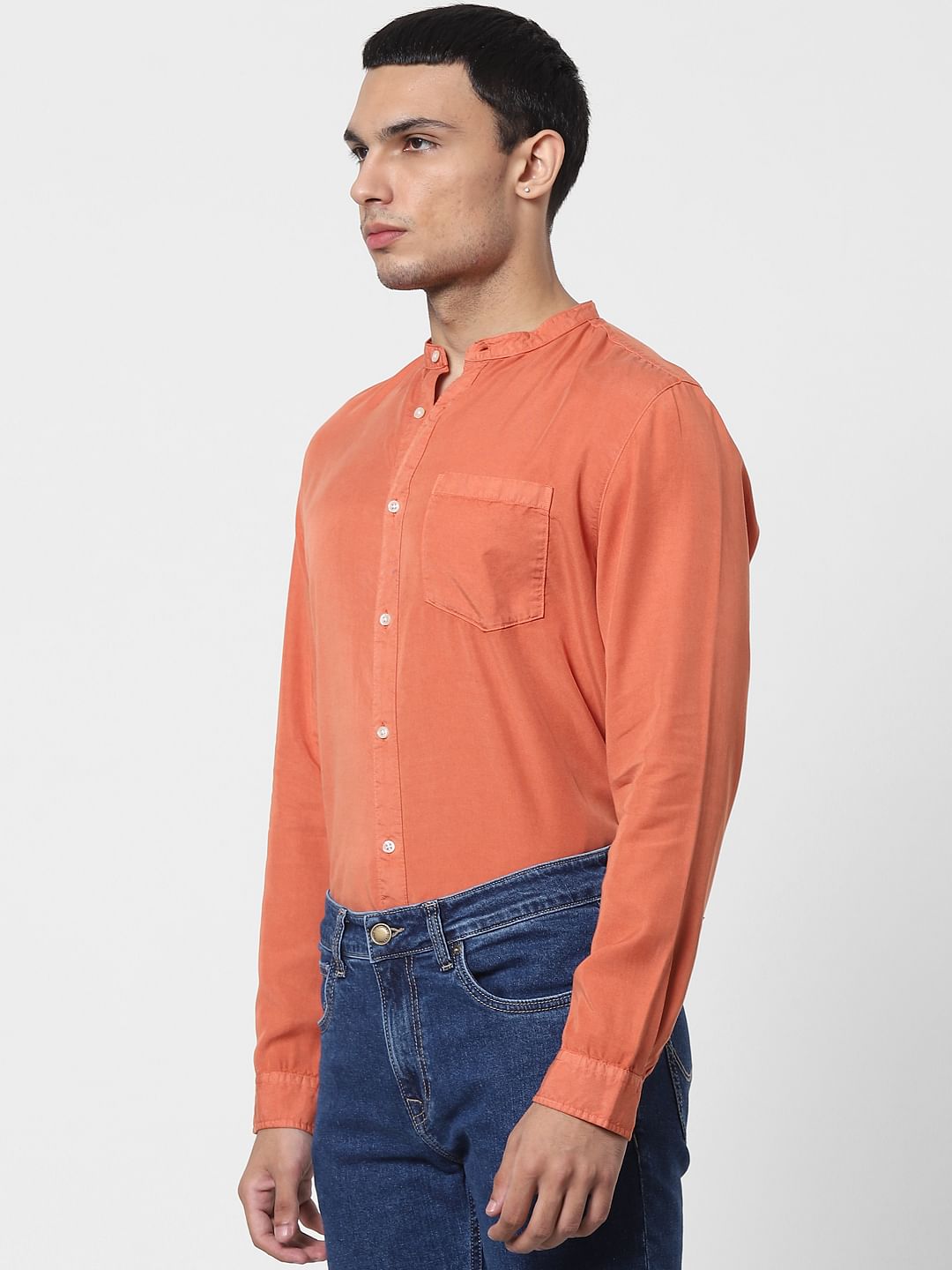 Orange Mandarin Collar Full Sleeves Shirt