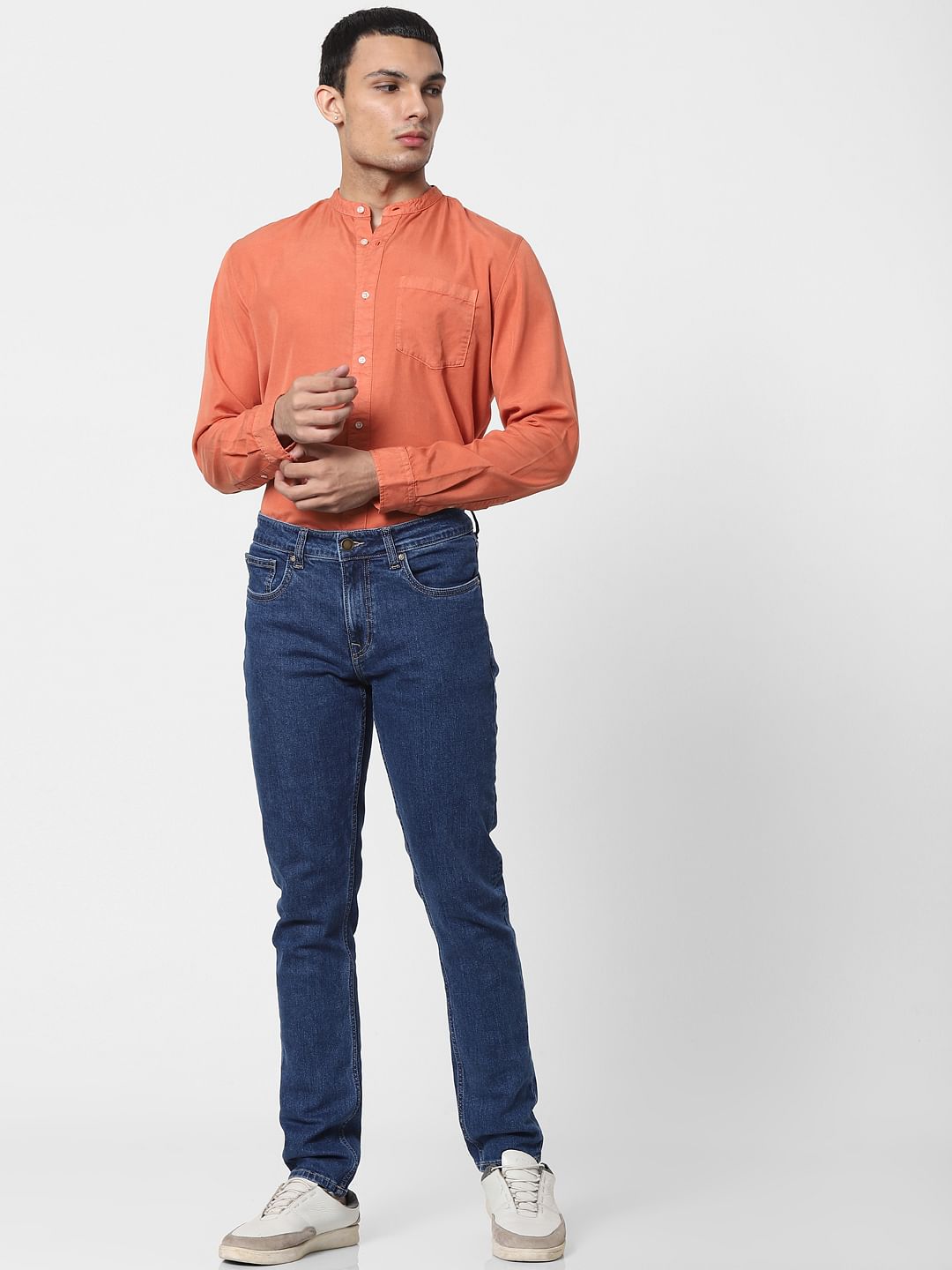 Orange Mandarin Collar Full Sleeves Shirt