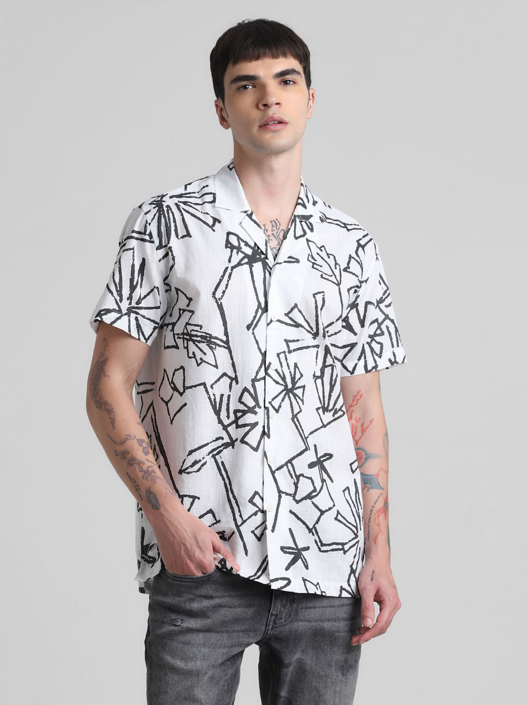 White Printed Short Sleeves Shirt