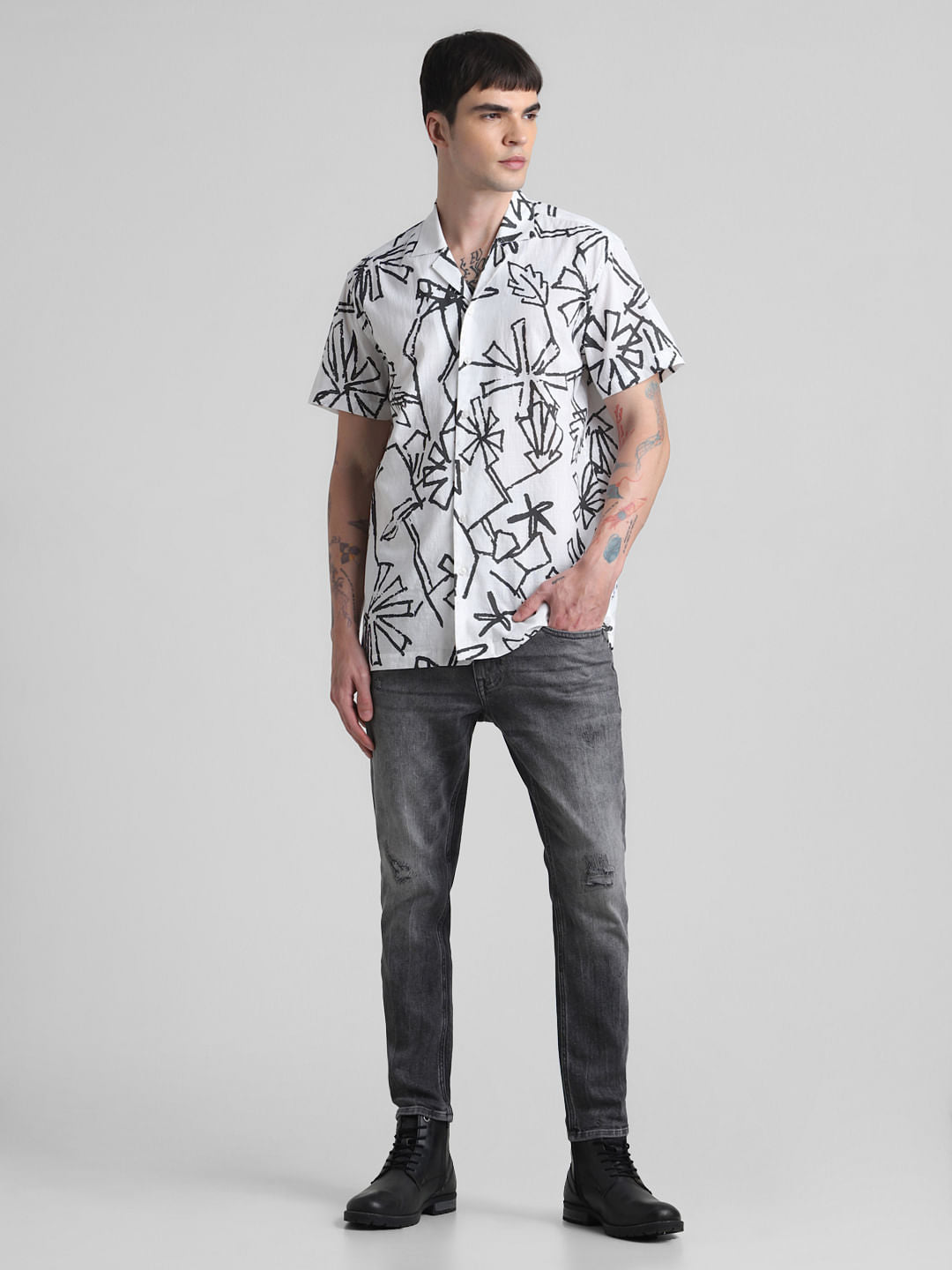 White Printed Short Sleeves Shirt