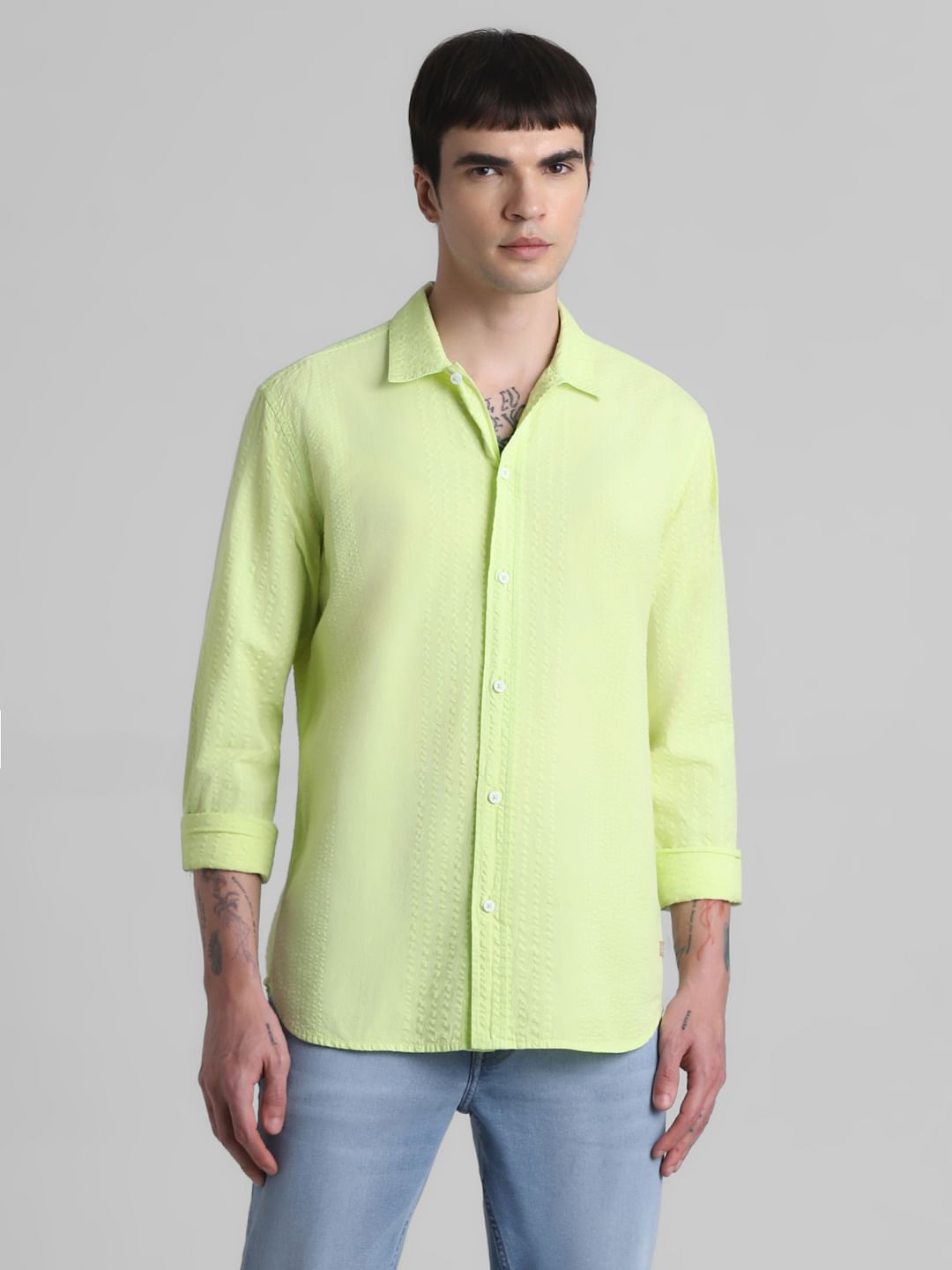 Lime Green Cotton Full Sleeves Shirt
