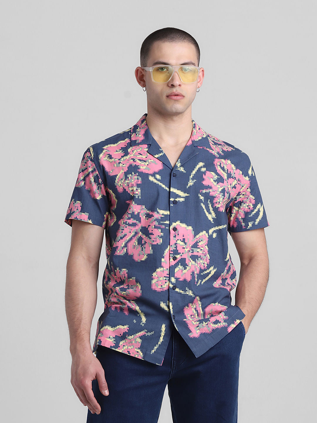 Blue Printed Short Sleeves Shirt