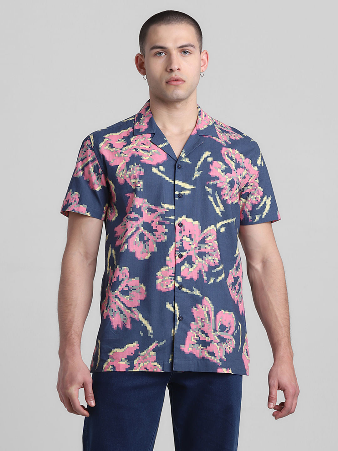 Blue Printed Short Sleeves Shirt