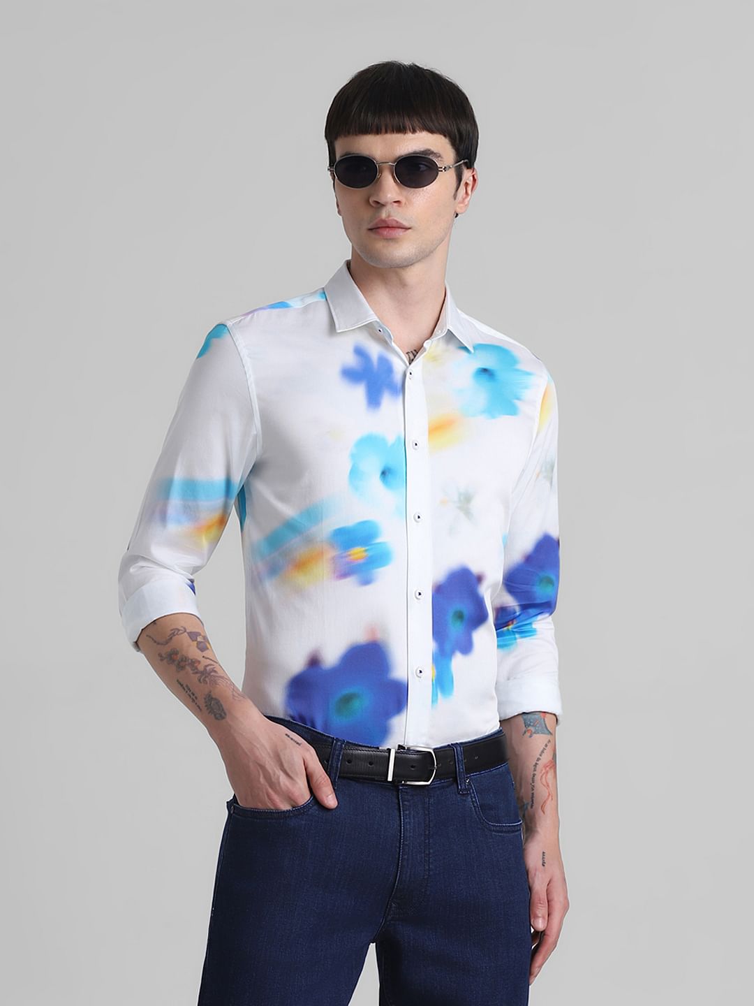 White Floral Full Sleeves Shirt