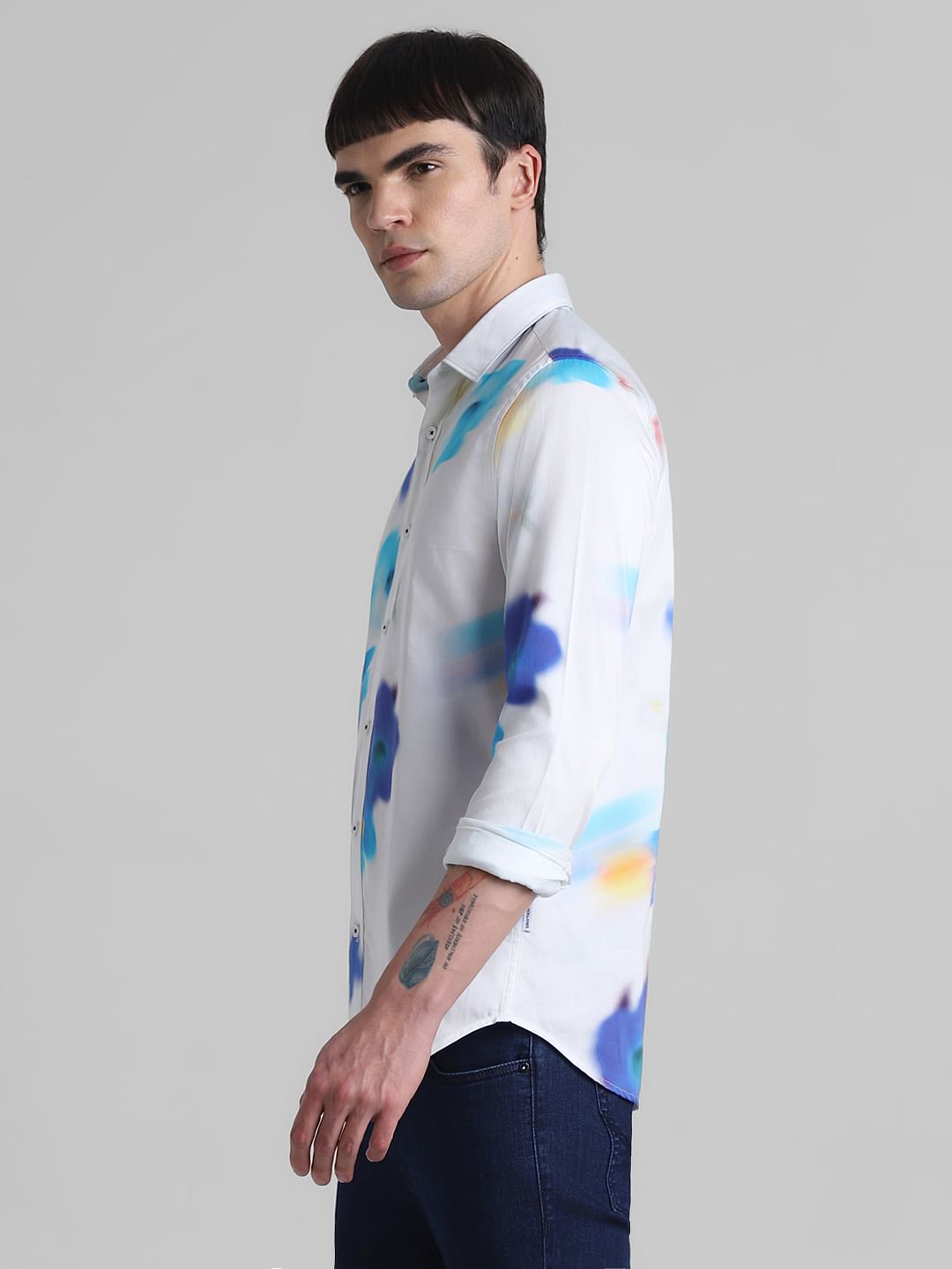 White Floral Full Sleeves Shirt