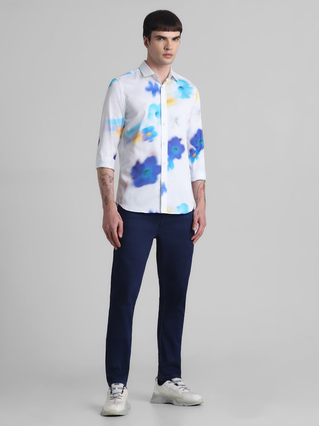 White Floral Full Sleeves Shirt