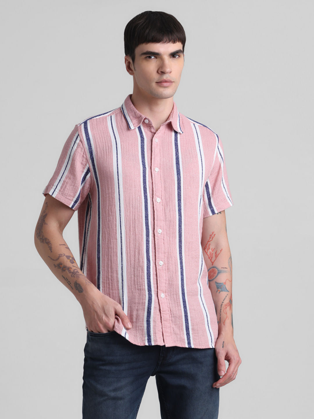 Pink Striped Short Sleeves Shirt