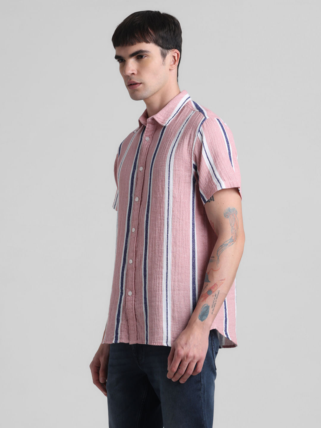 Pink Striped Short Sleeves Shirt