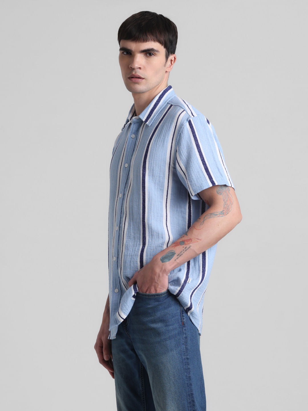 Blue Striped Short Sleeves Shirt