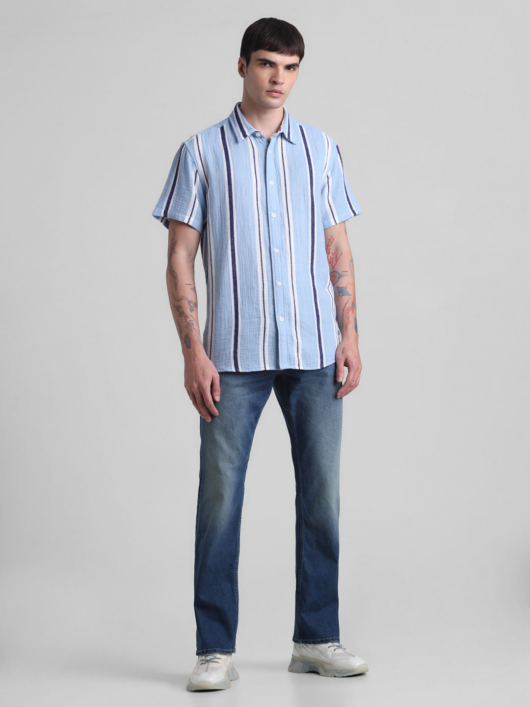 Blue Striped Short Sleeves Shirt