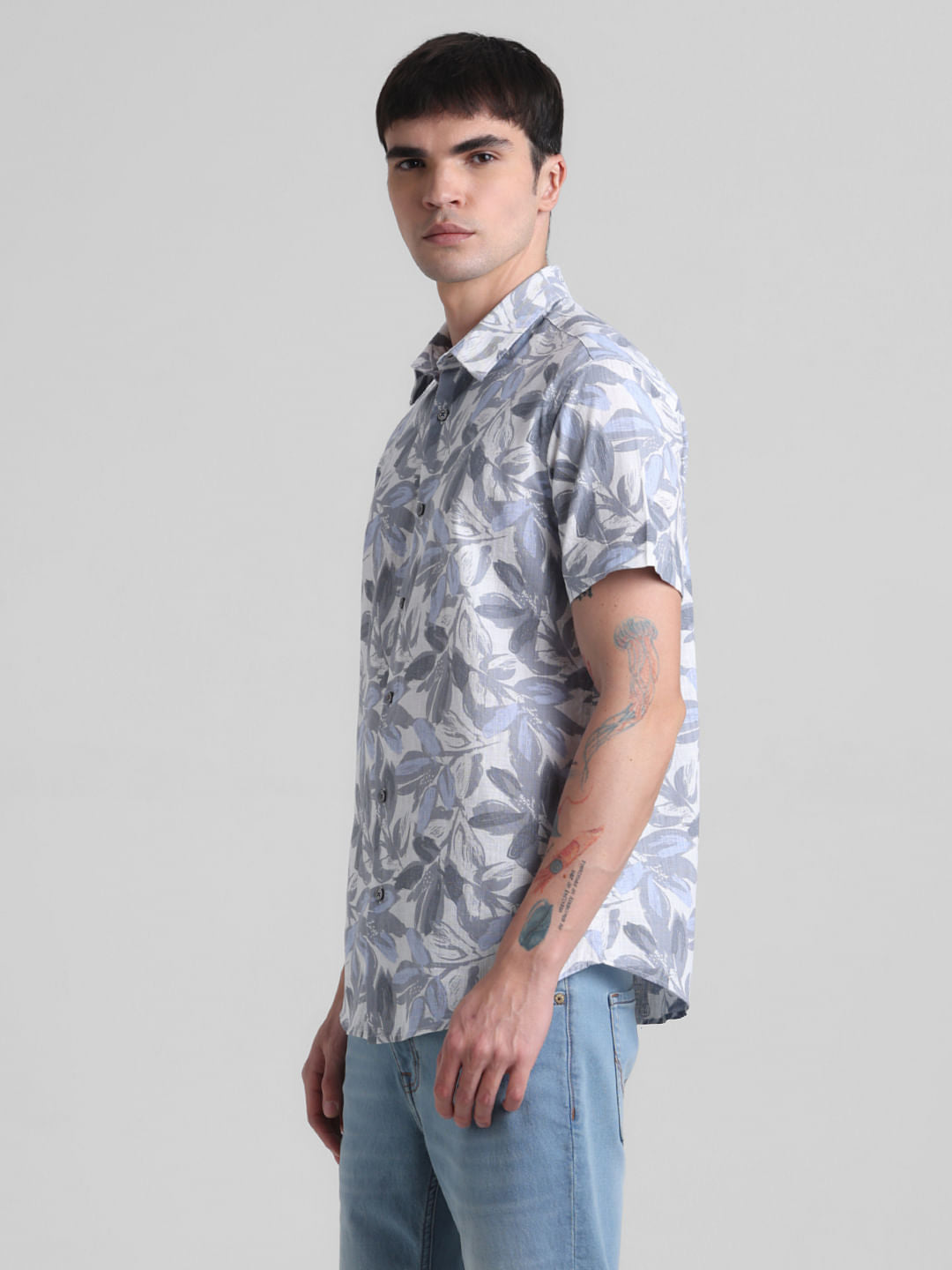 Grey Floral Short Sleeves Shirt