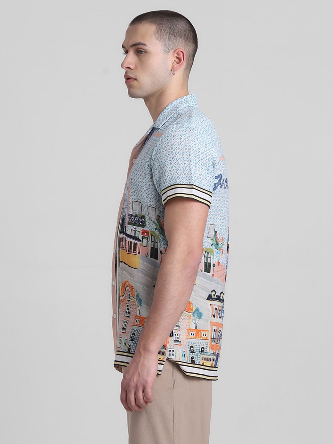 Blue Printed Short Sleeves Shirt