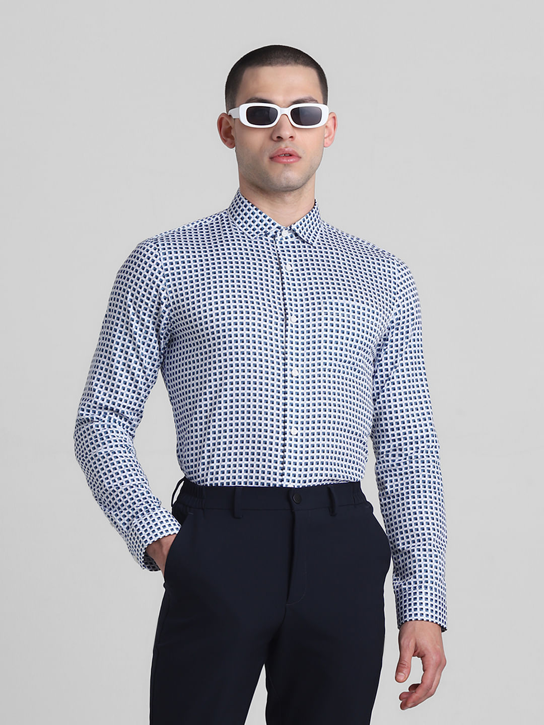 White & Blue Printed Dobby Shirt