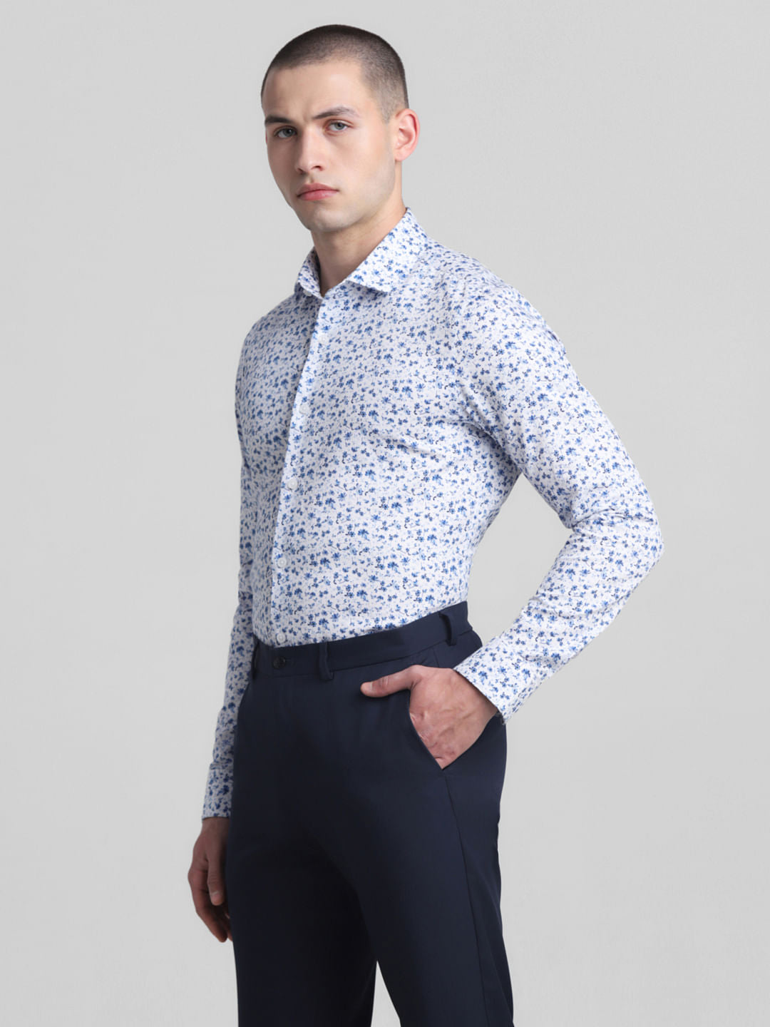 White Floral Print Full Sleeves Shirt