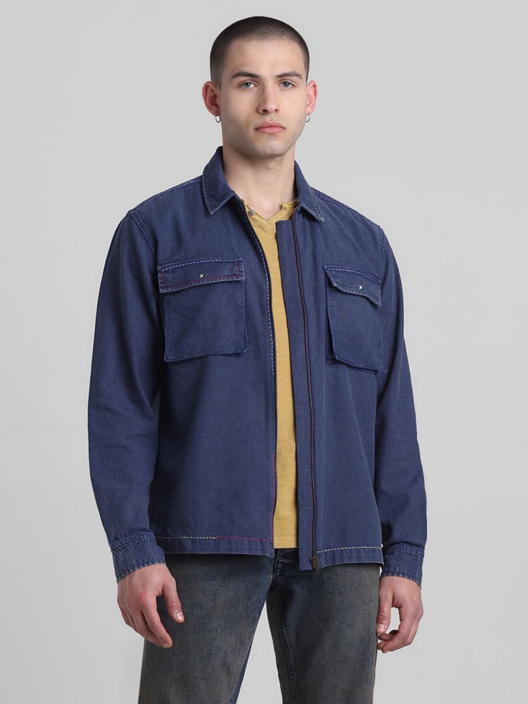 Blue Zip-Up Oversized Shirt