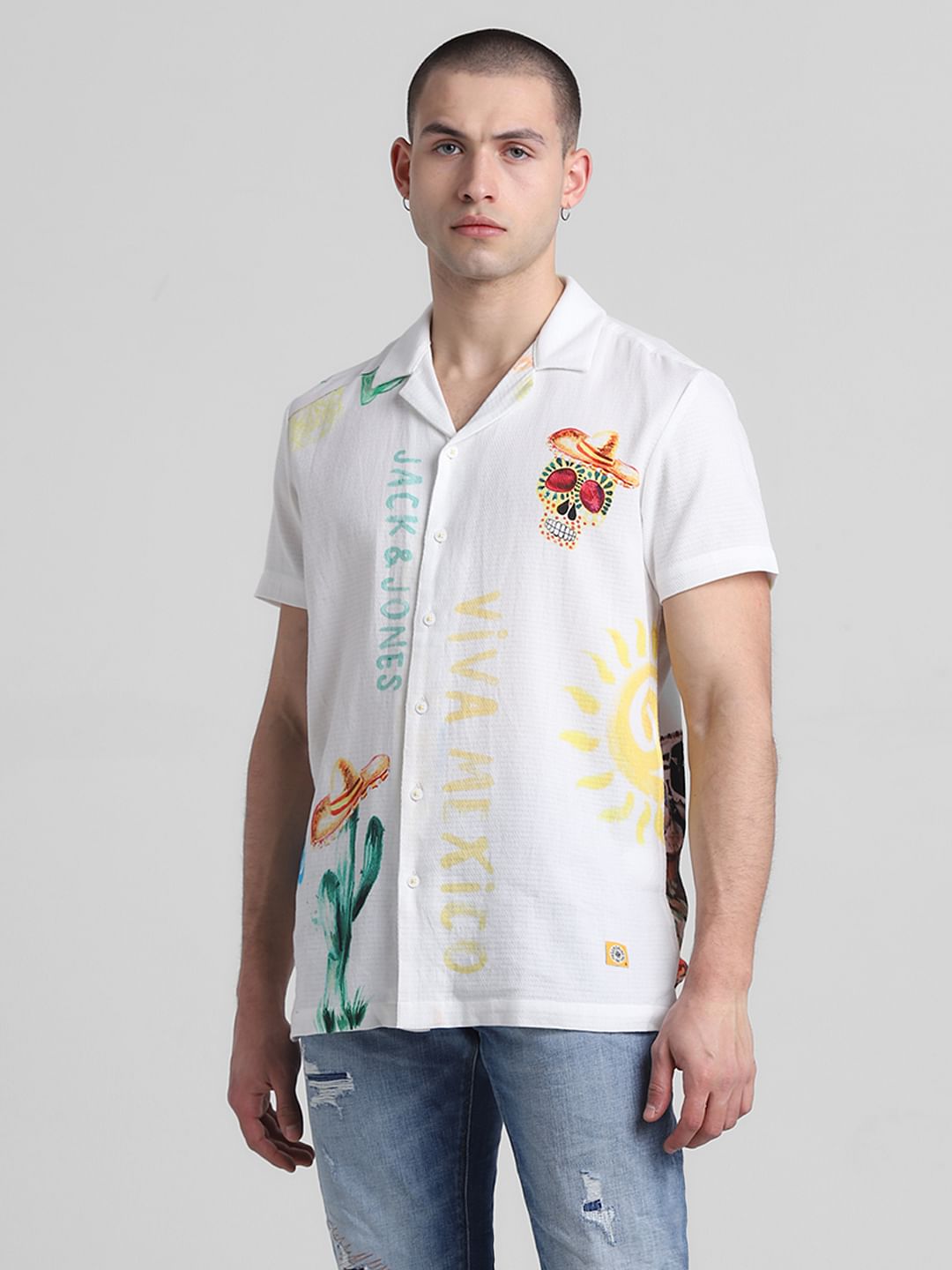 White Printed Short Sleeves Shirt