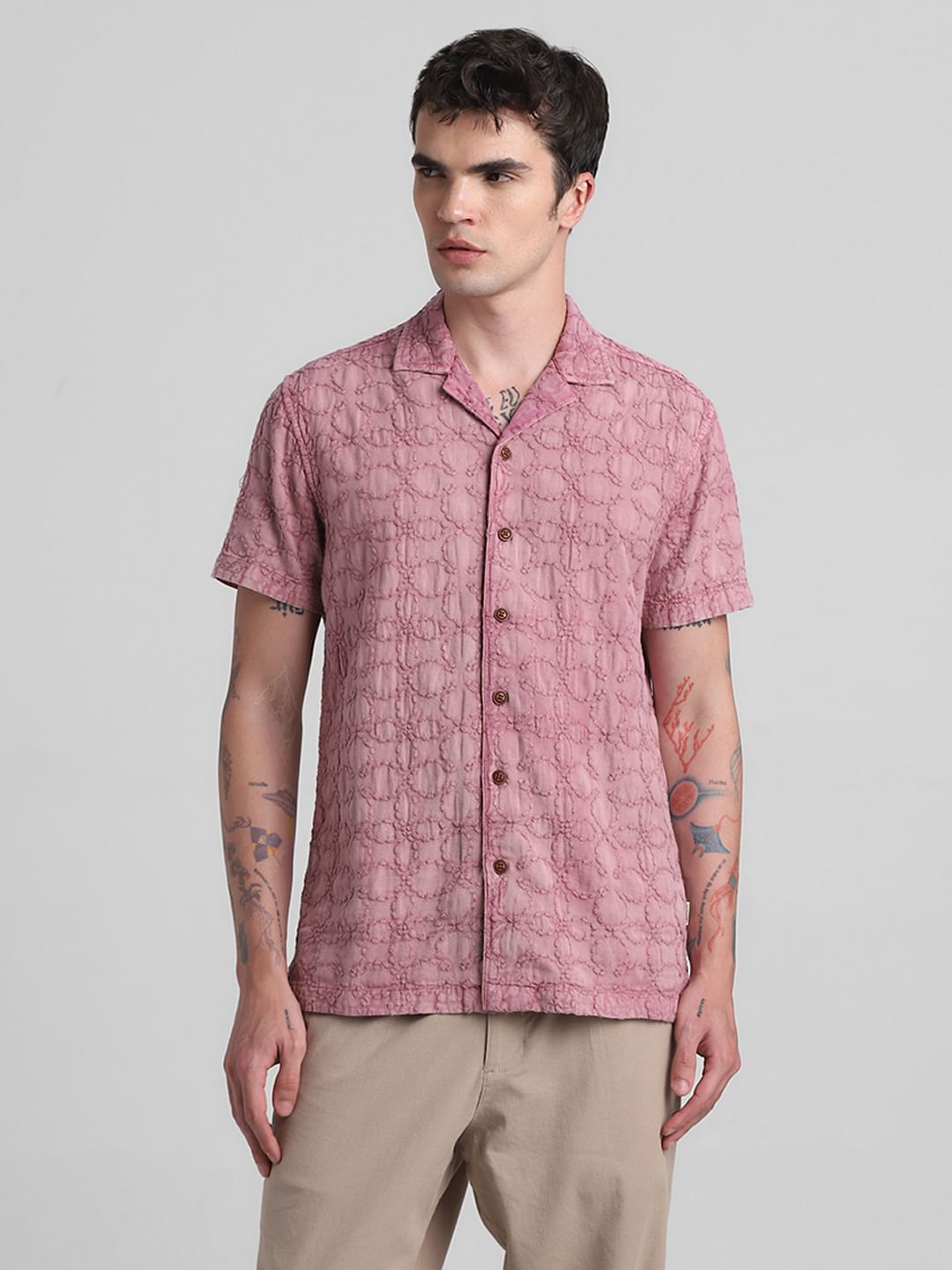 Pink Embroidered Short Sleeves Shirt