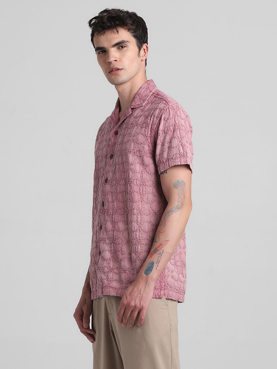 Pink Embroidered Short Sleeves Shirt