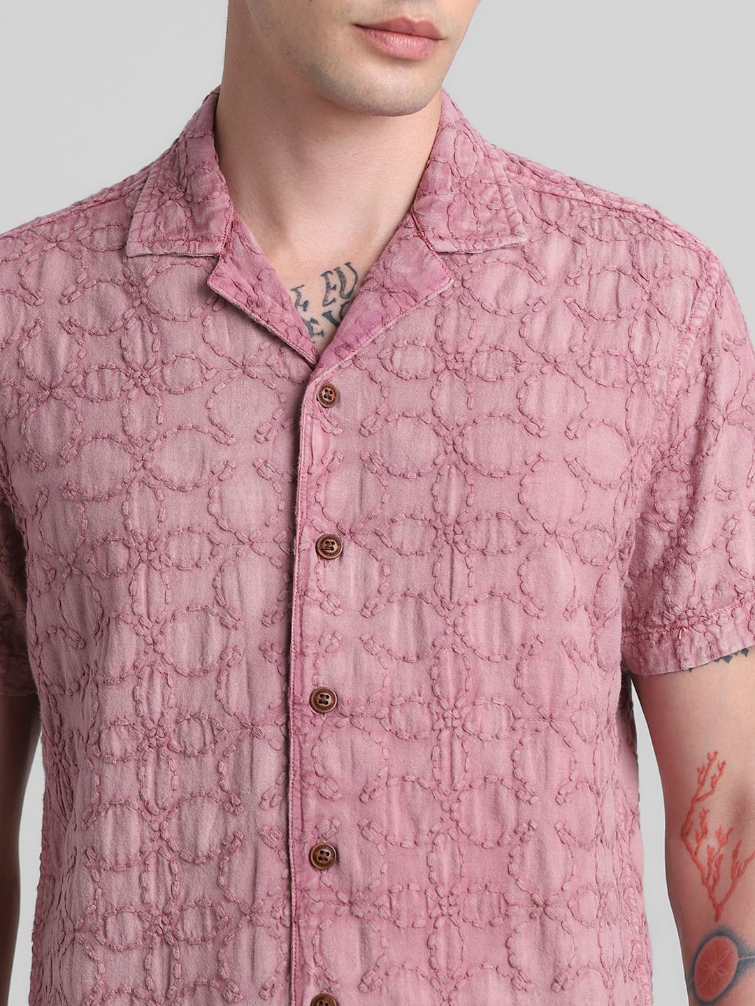 Pink Embroidered Short Sleeves Shirt