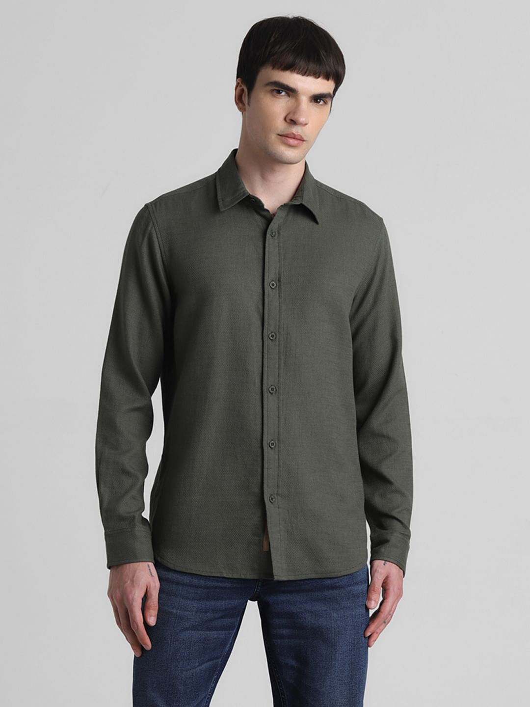 Green Dobby Cotton Full Sleeves Shirt