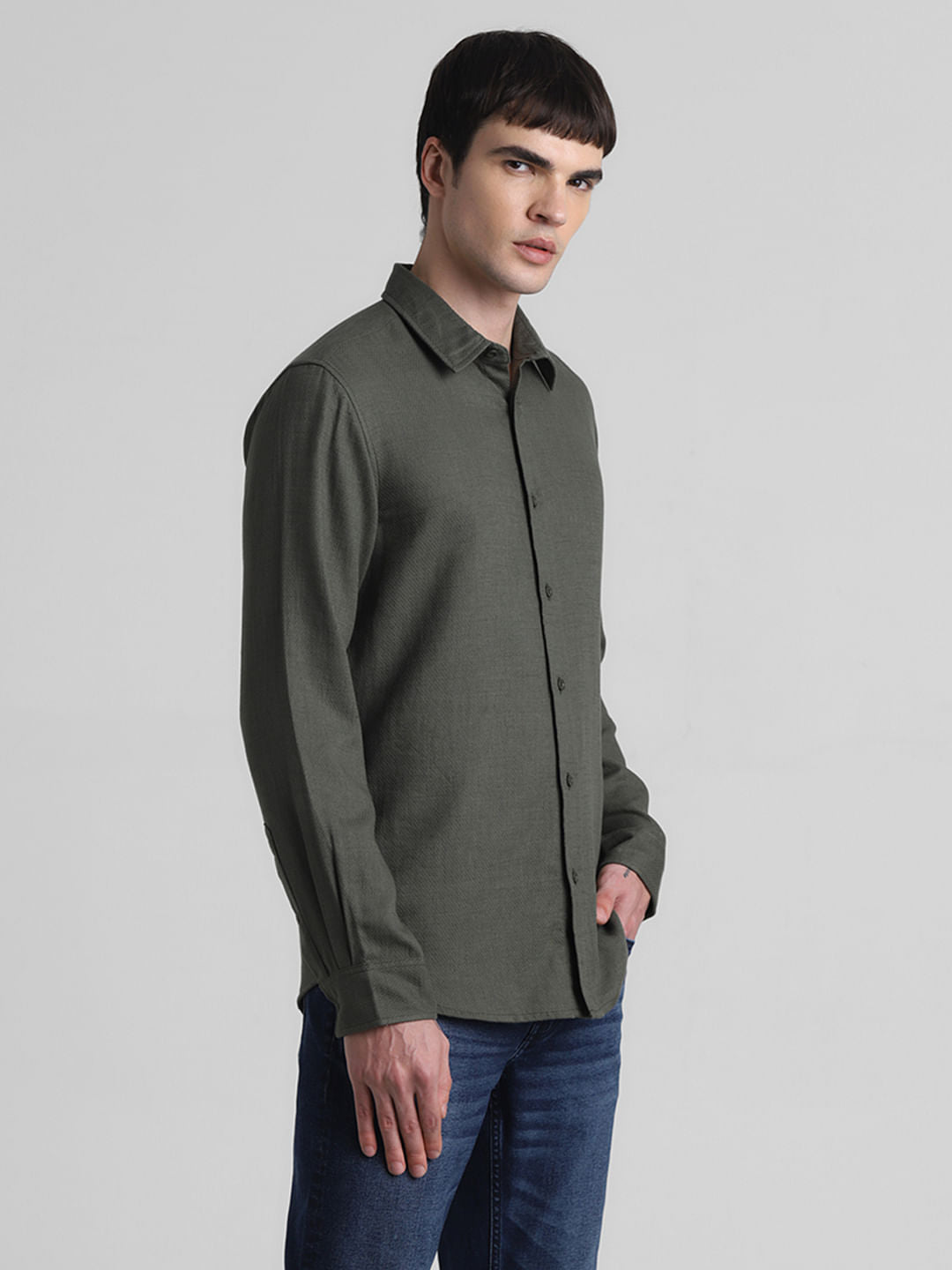 Green Dobby Cotton Full Sleeves Shirt