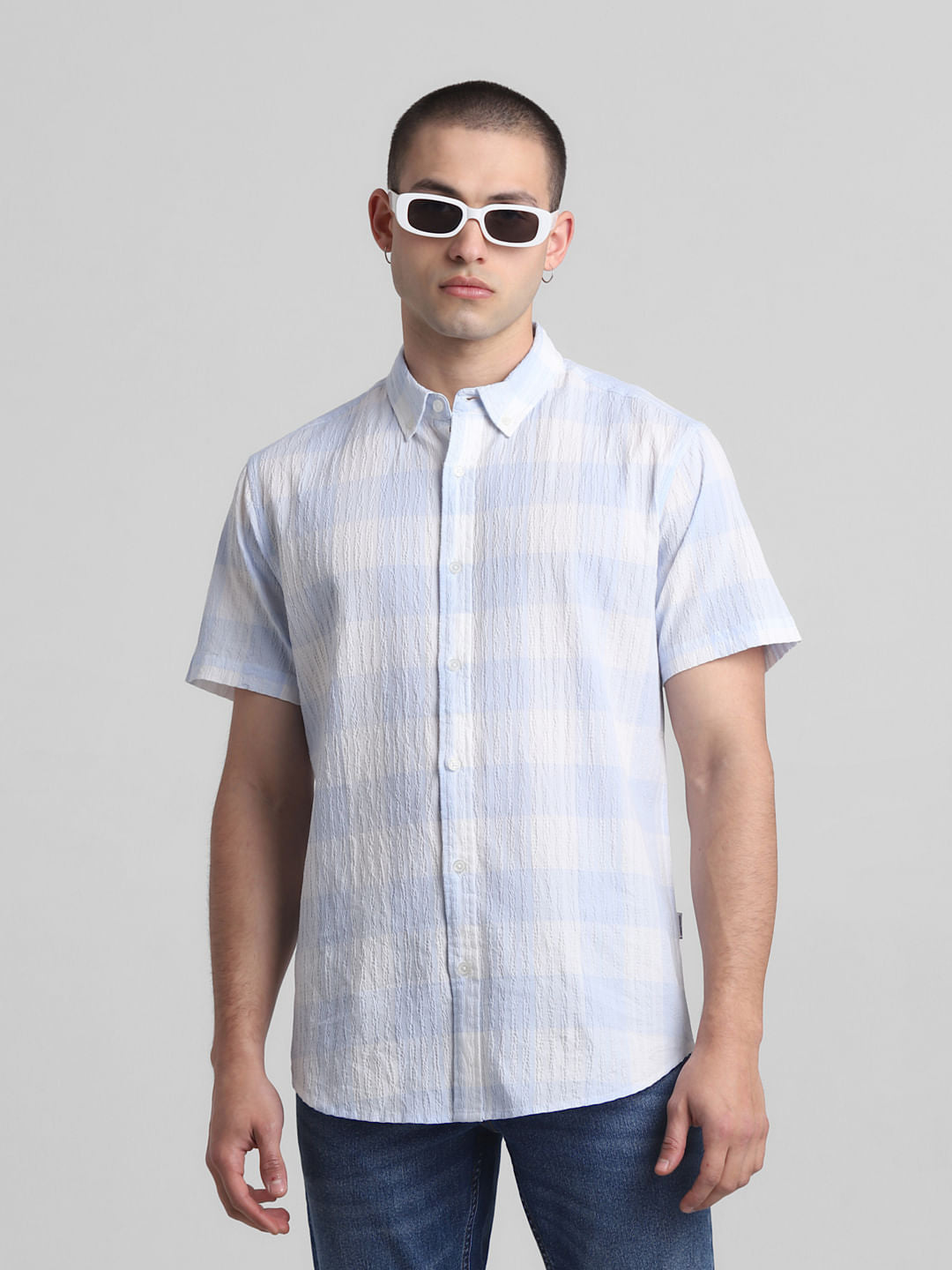 Light Blue Check Short Sleeves Shirt