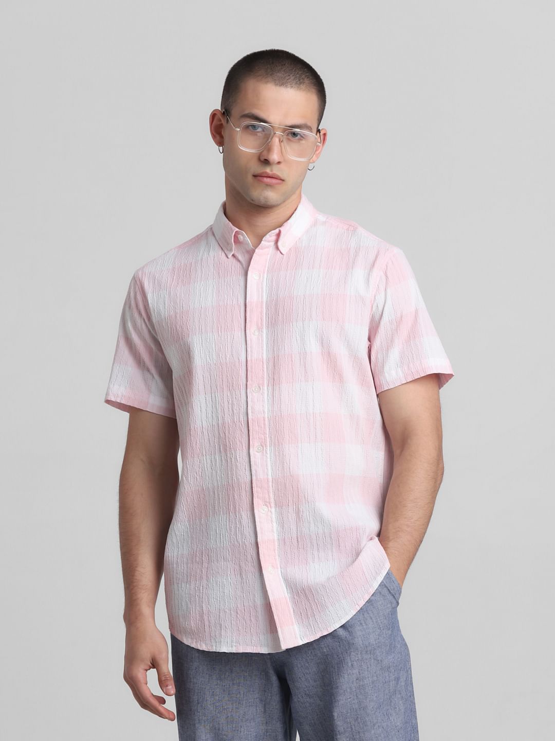 Light Pink Check Short Sleeves Shirt