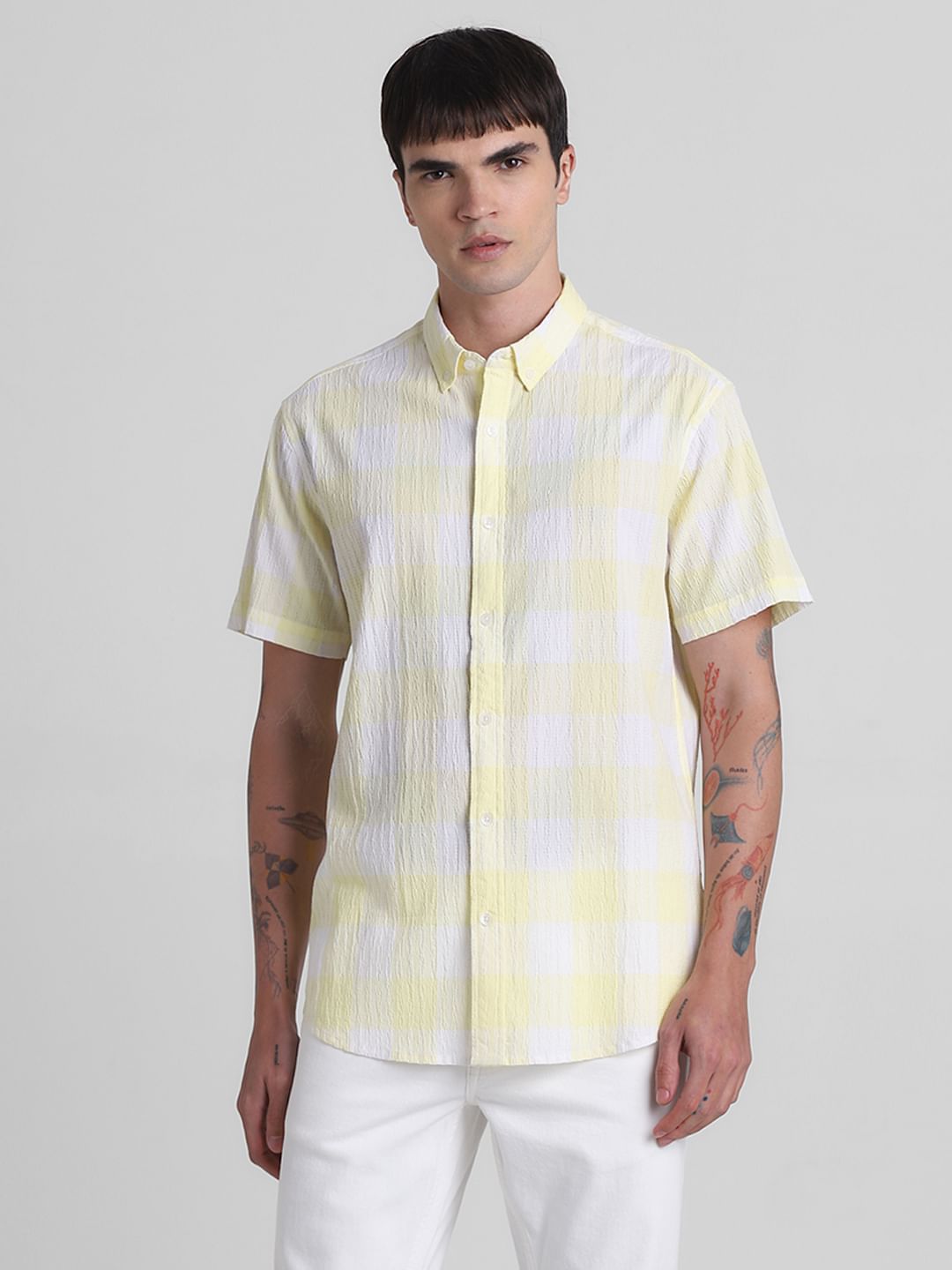 Yellow Cotton Check Short Sleeves Shirt