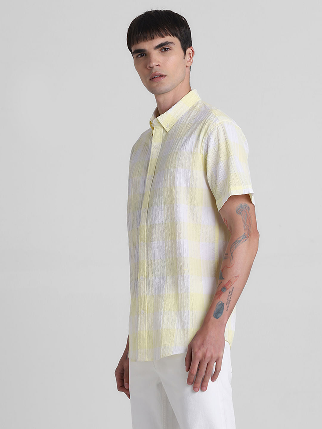 Yellow Cotton Check Short Sleeves Shirt