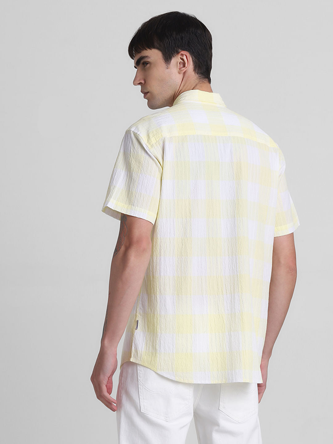 Yellow Cotton Check Short Sleeves Shirt