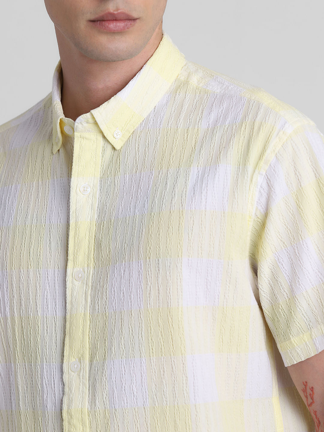 Yellow Cotton Check Short Sleeves Shirt