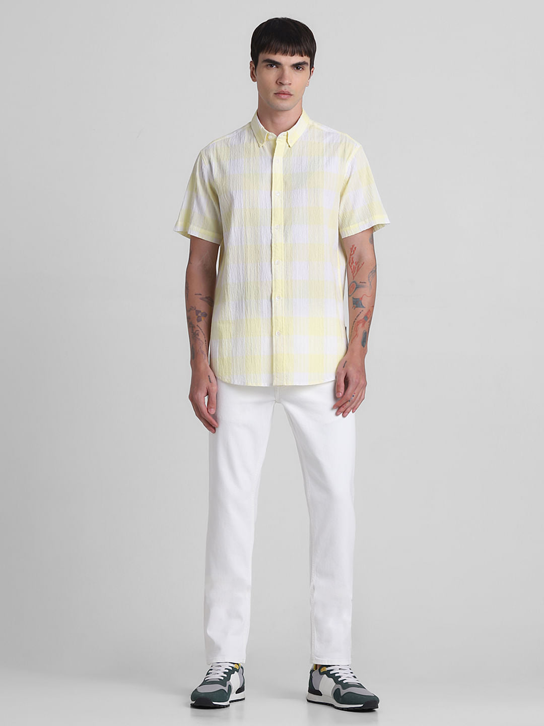 Yellow Cotton Check Short Sleeves Shirt