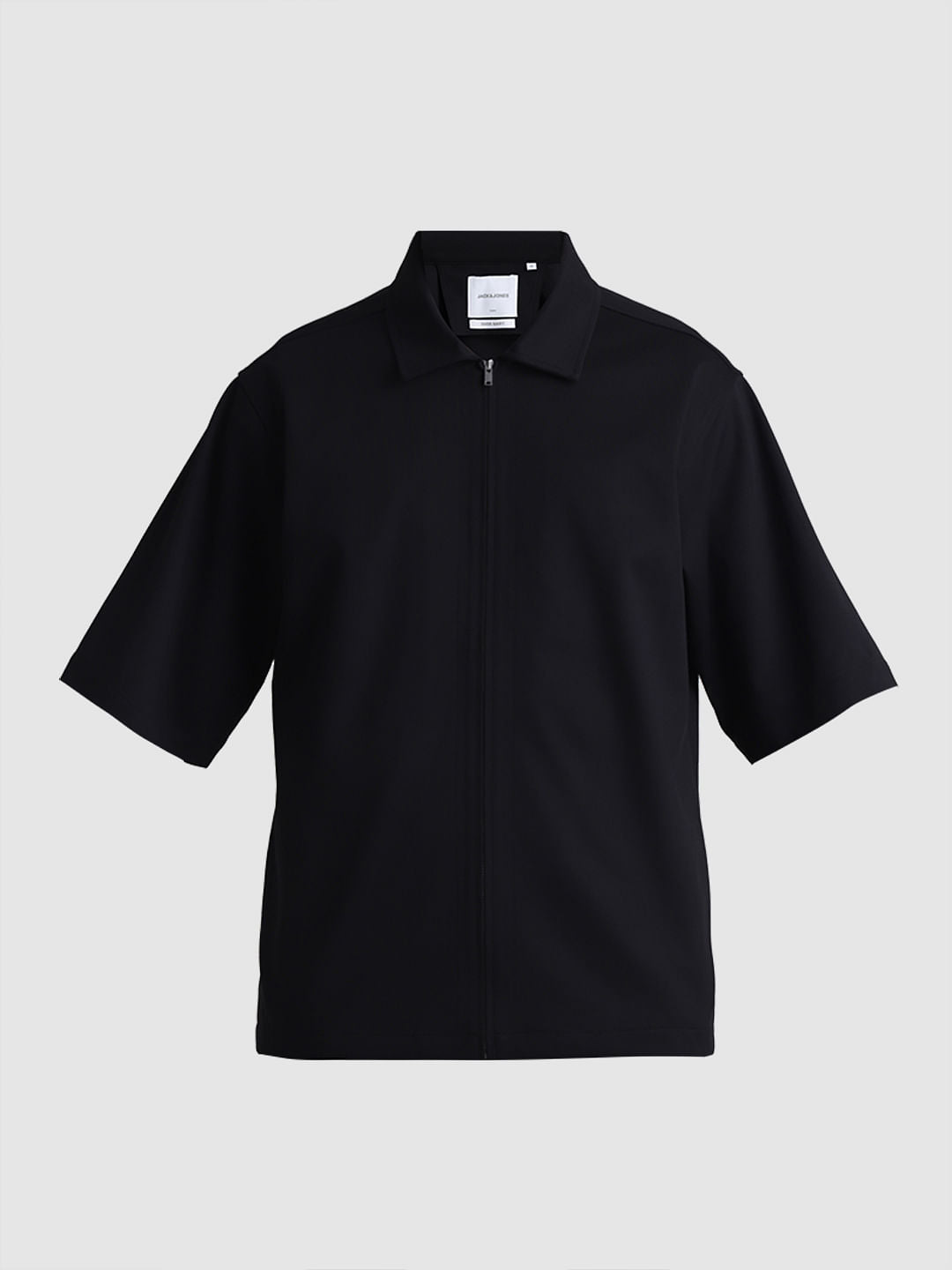 Black Zip-Up Oversized Short Sleeves Shirt