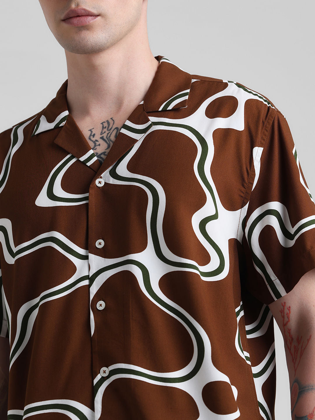 Brown Printed Short Sleeves Shirt