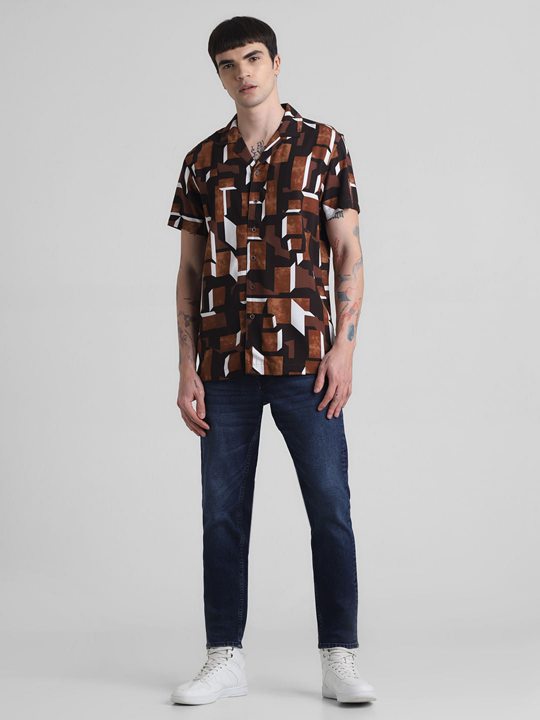 Brown Printed Short Sleeves Shirt