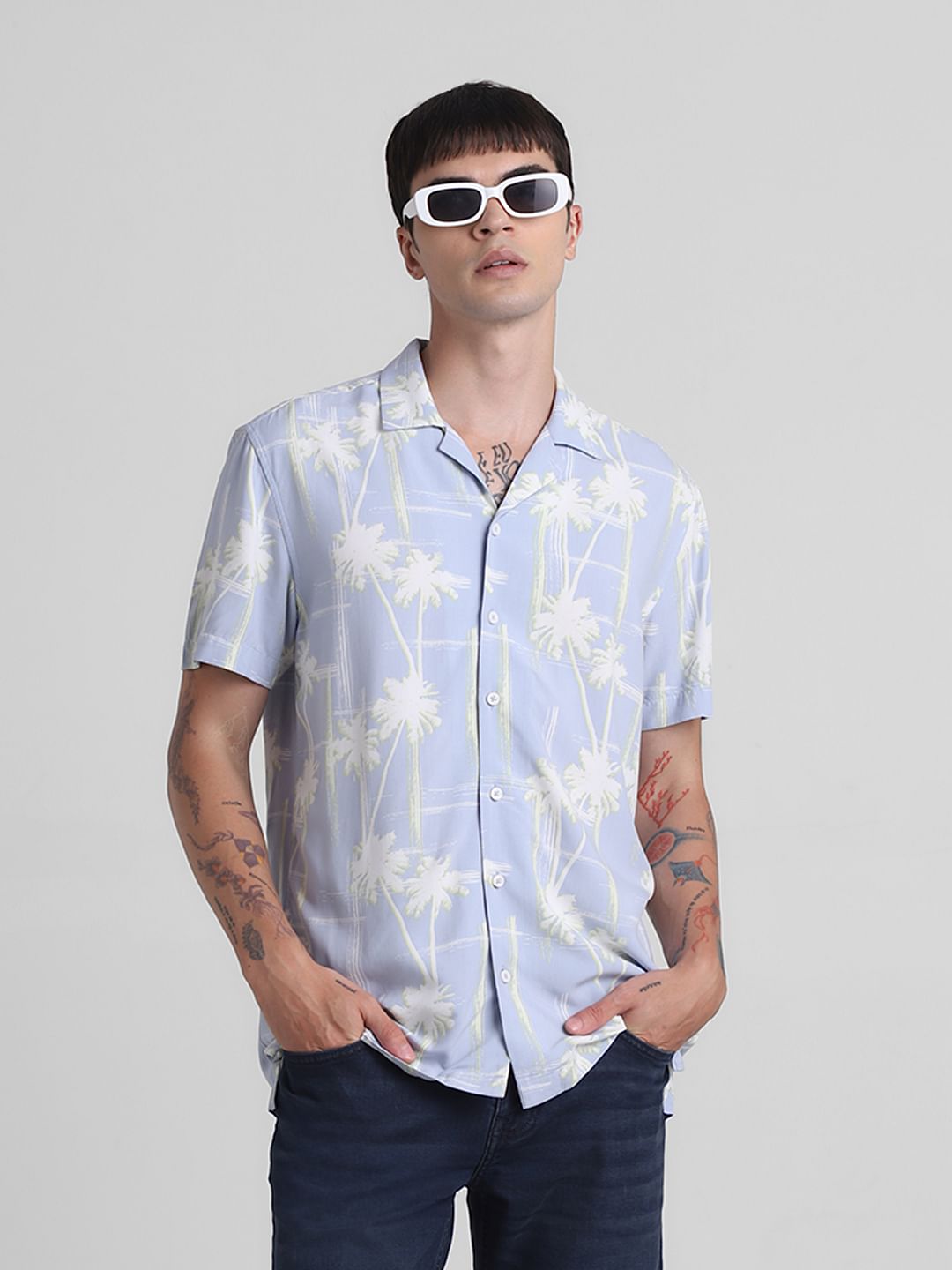 Blue Printed Short Sleeves Shirt