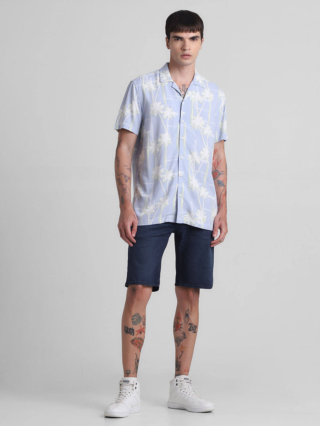 Blue Printed Short Sleeves Shirt