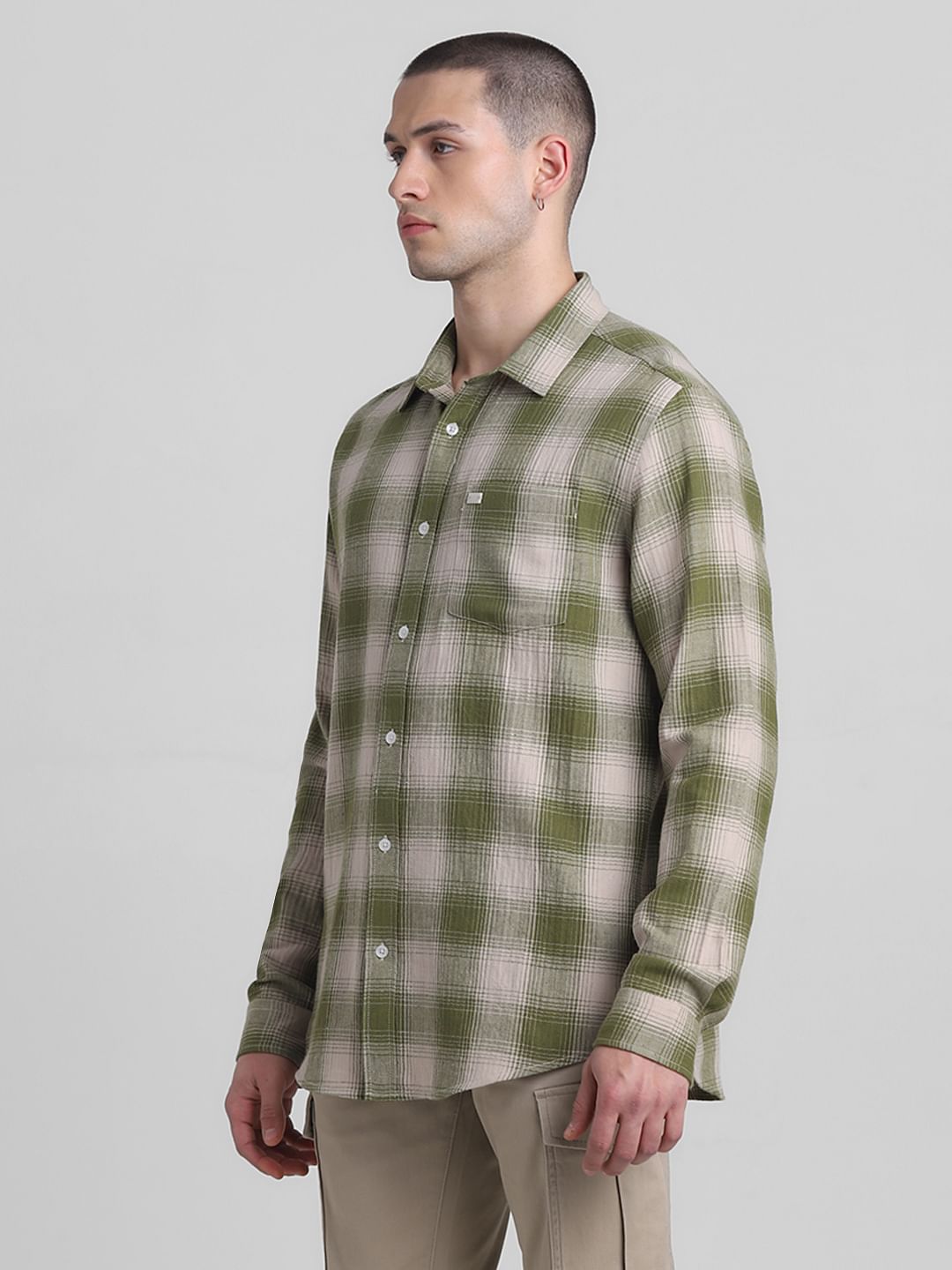 Green Cotton Check Full Sleeves Shirt