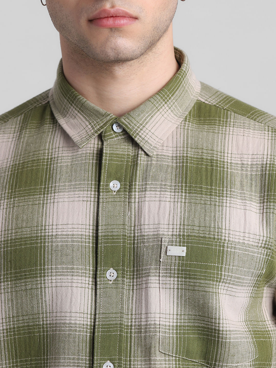 Green Cotton Check Full Sleeves Shirt