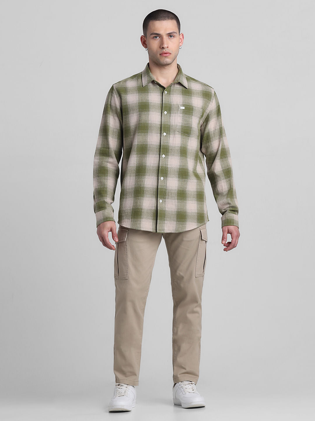 Green Cotton Check Full Sleeves Shirt