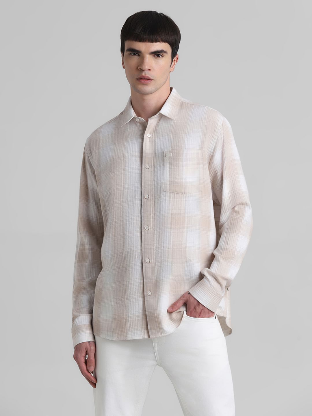 Brown Cotton Check Oversized Shirt