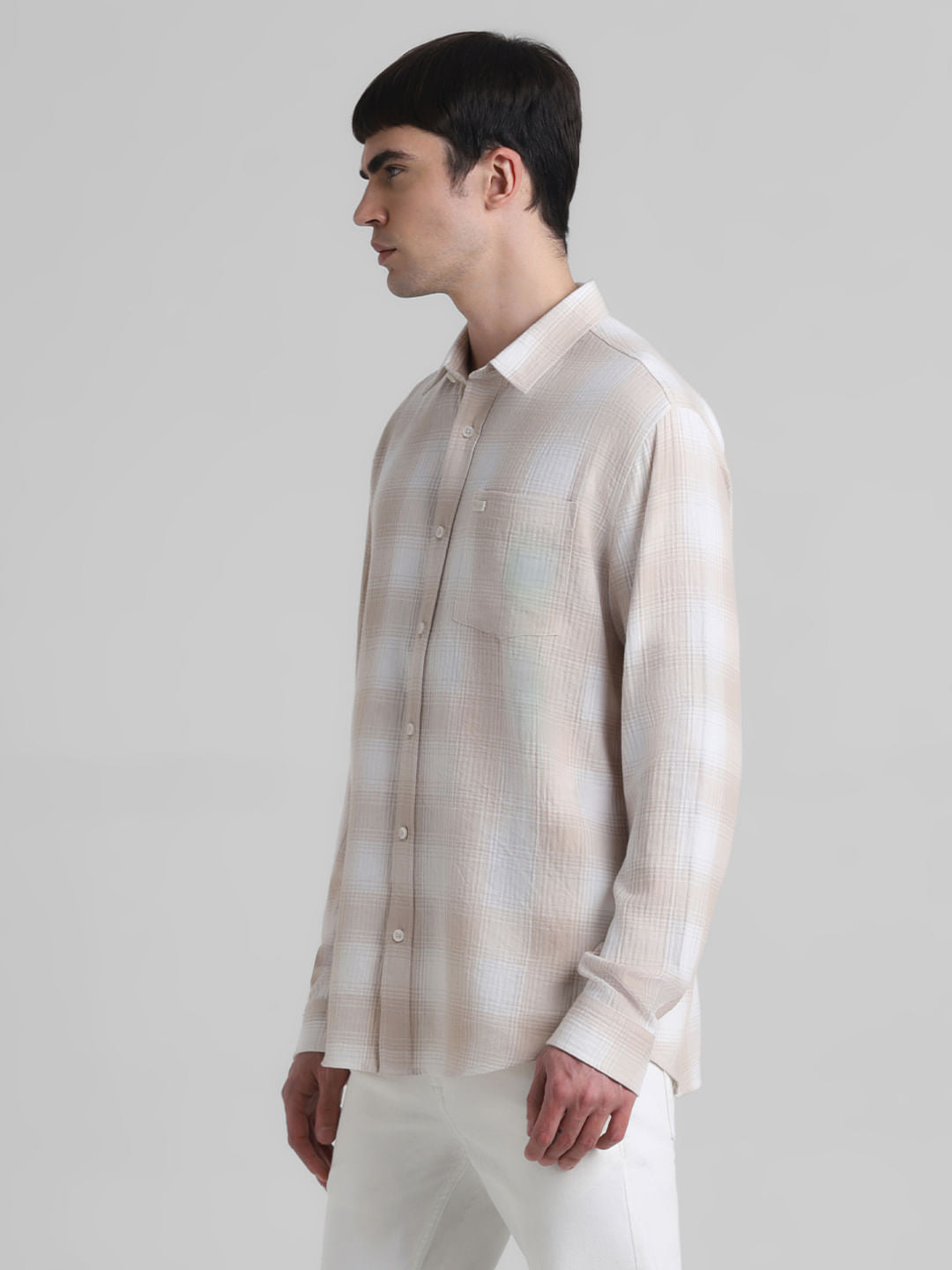Brown Cotton Check Oversized Shirt