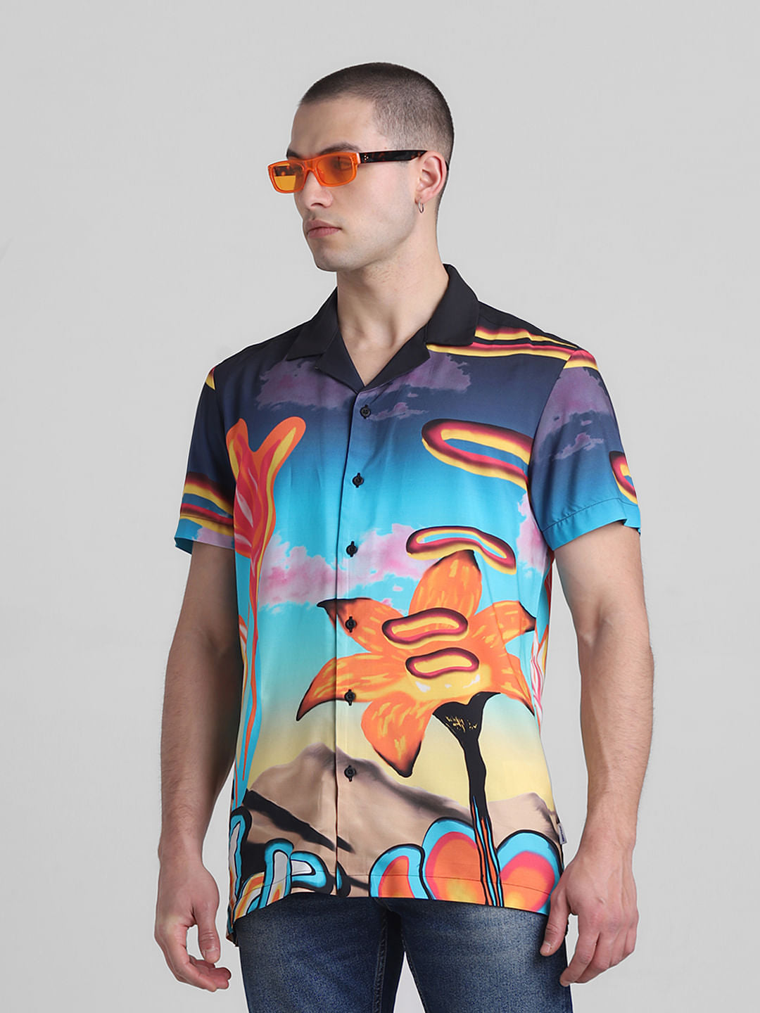 Blue Printed Short Sleeves Shirt