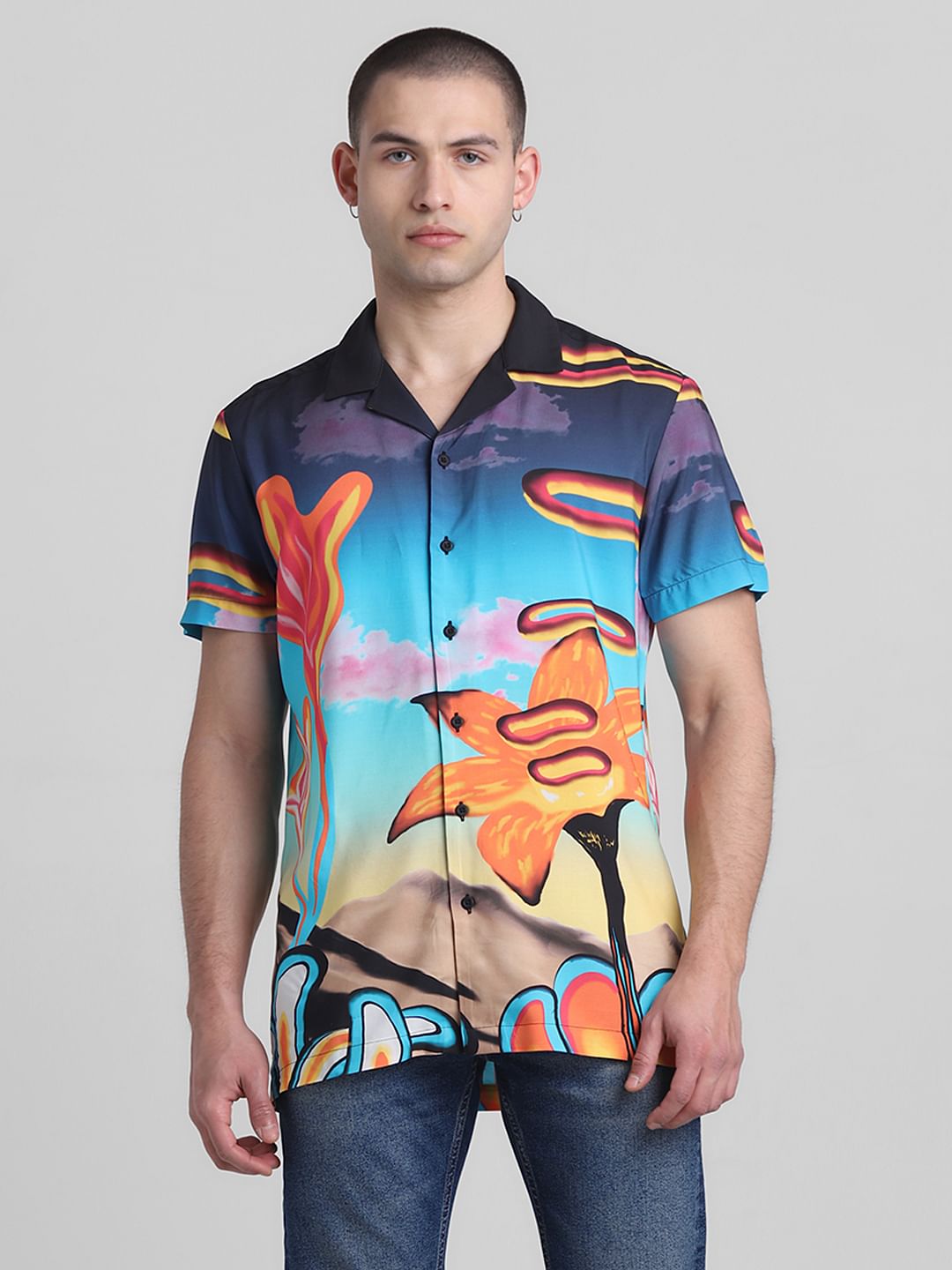 Blue Printed Short Sleeves Shirt