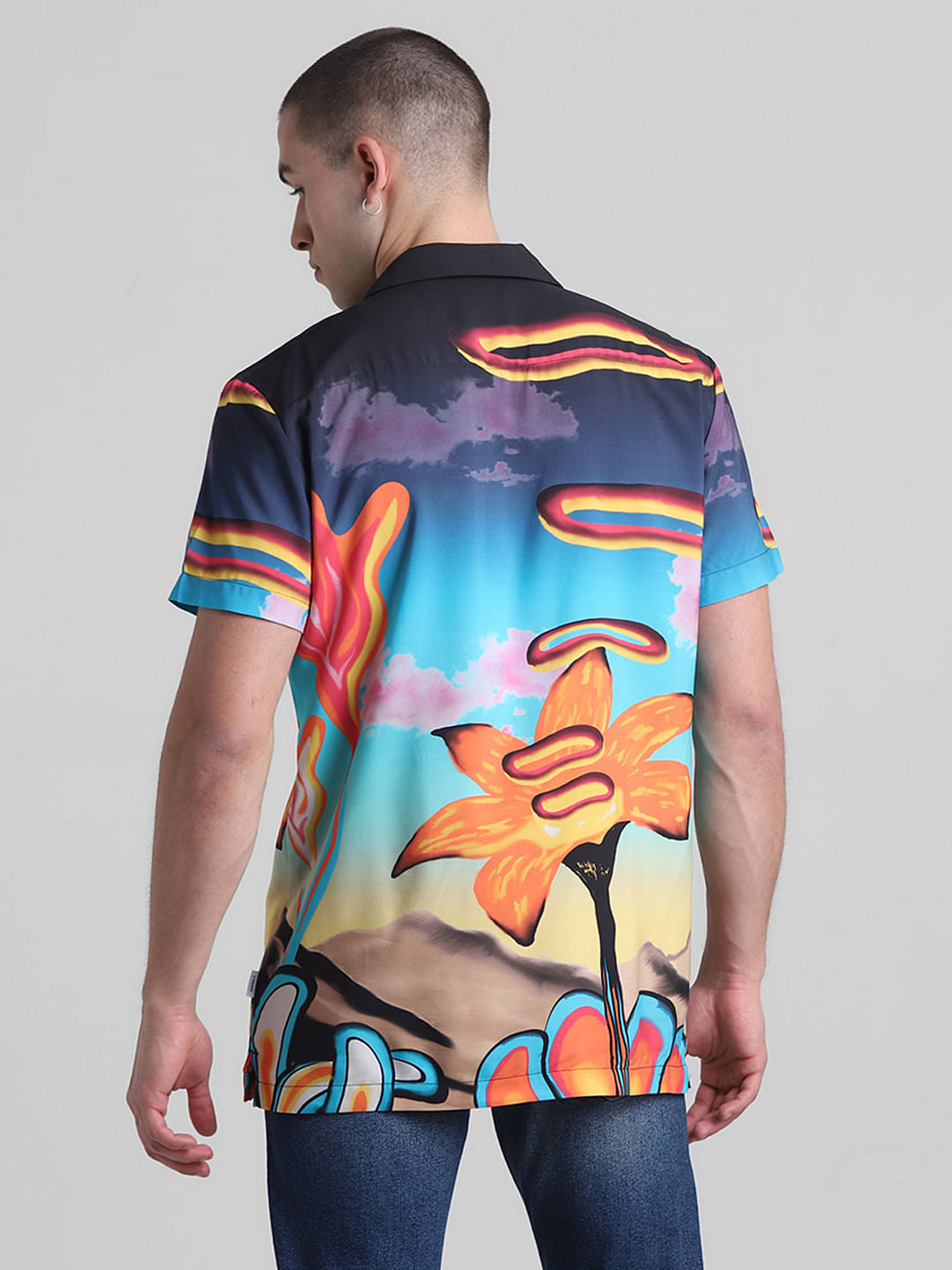 Blue Printed Short Sleeves Shirt