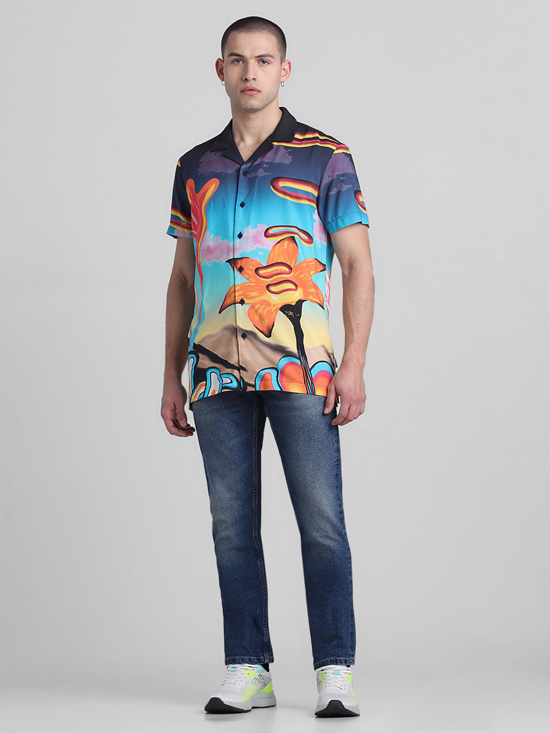 Blue Printed Short Sleeves Shirt